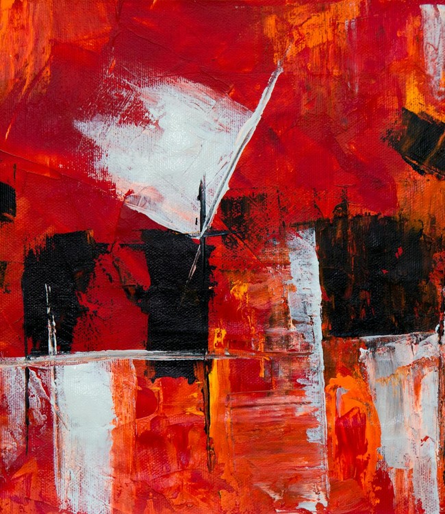 Vibrant abstract expressionist painting with red, black, and white splashes.